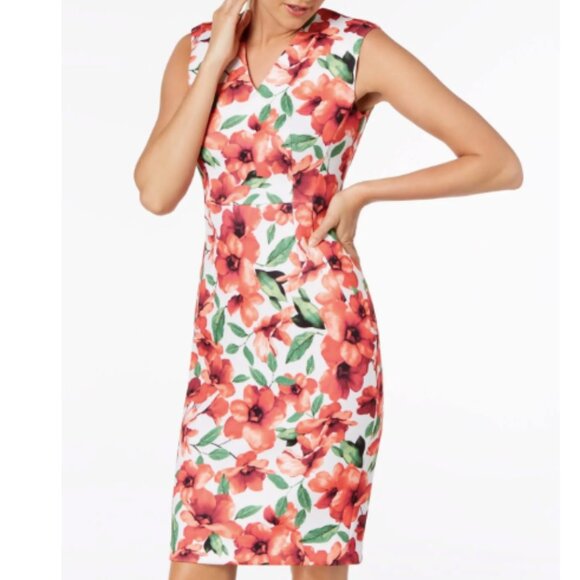 NWT Calvin Klein Floral Scuba Knit Sleeveless V-Neck Sheath Dress Women's Size 6 - Picture 2 of 13